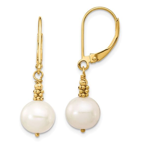 Kazi Luxury 14k Yellow Gold 8-9mm Near Round White FWC Pearl Leverback Earrings